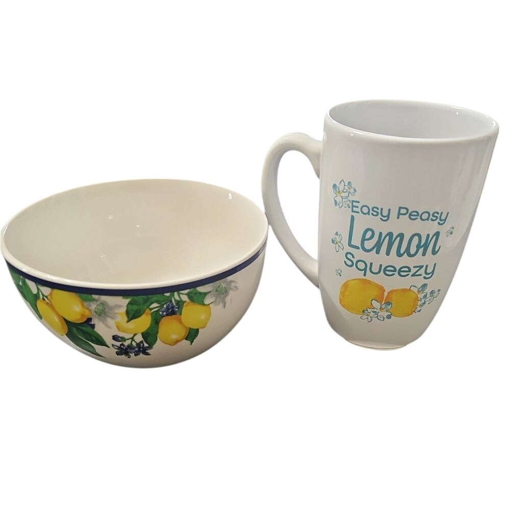 Royal Norfolk Lemon Theme Ceramic Bowl and‎ Mug Set - Citrus Kitchen Collection
